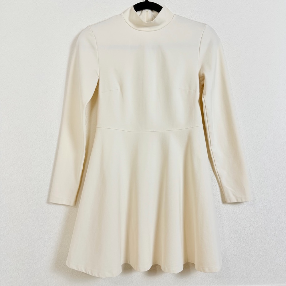 Sunday Best Cream Mock Neck Fit & Flare Mini Dress Size S Long Sleeve Skater - Picture 2 of 16